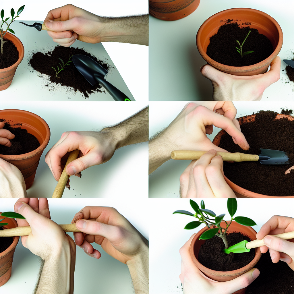 A person potting a small plant.