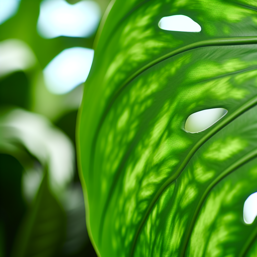 Close up on a Monstera leaf, showing its unique fenestrations.